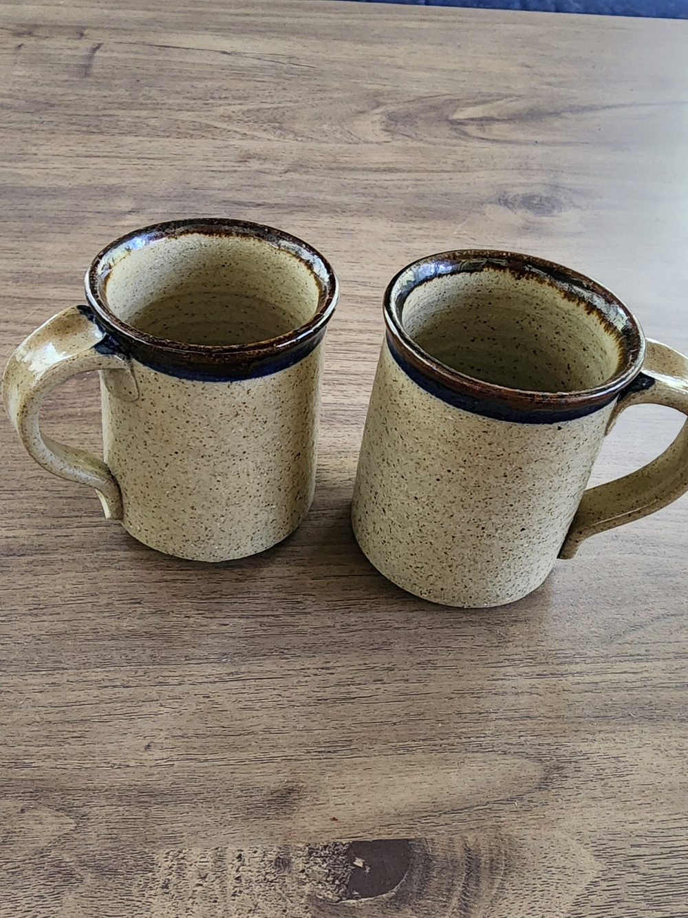 "The Poddery" Handcrafted Speckled Ceramic Coffee Mug Beige Blue Brown Rim - 2